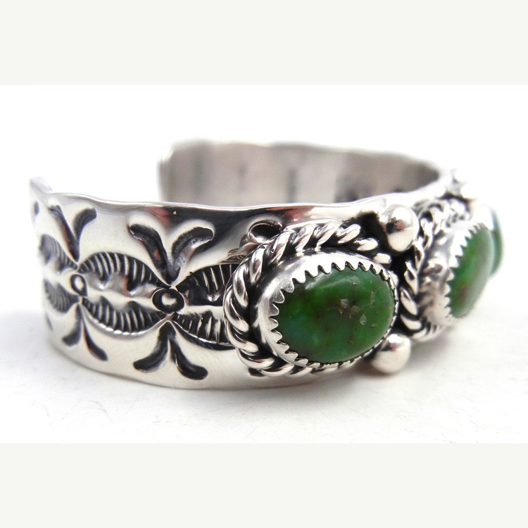 Navajo Elroy Chavez Green Turquoise and Sterling Silver Row Cuff Bracelet